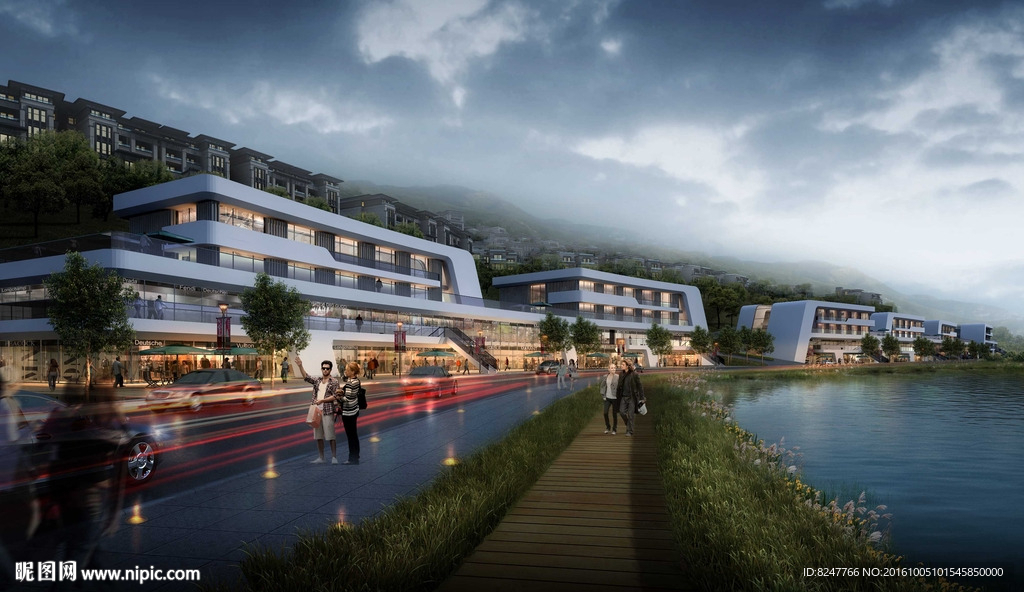 江边沿街商业街夜景建筑效果图