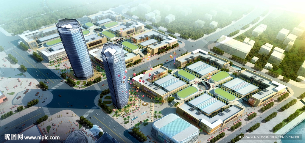 购物广场黄昏建筑效果图