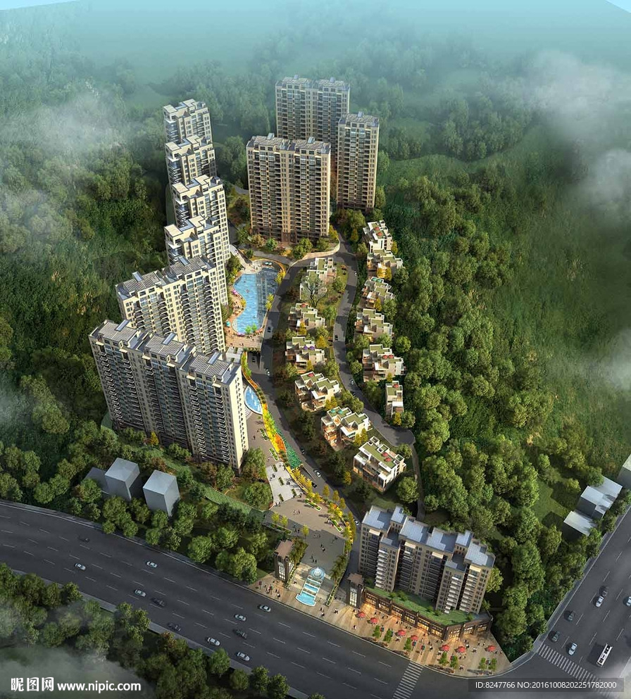 住宅区鸟瞰建筑效果图