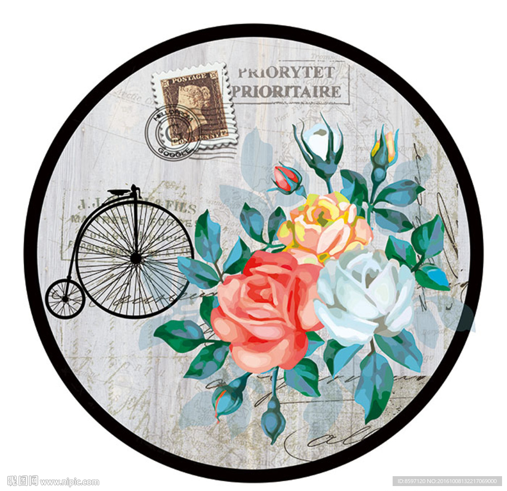 复古自行车植物玫瑰花装饰画