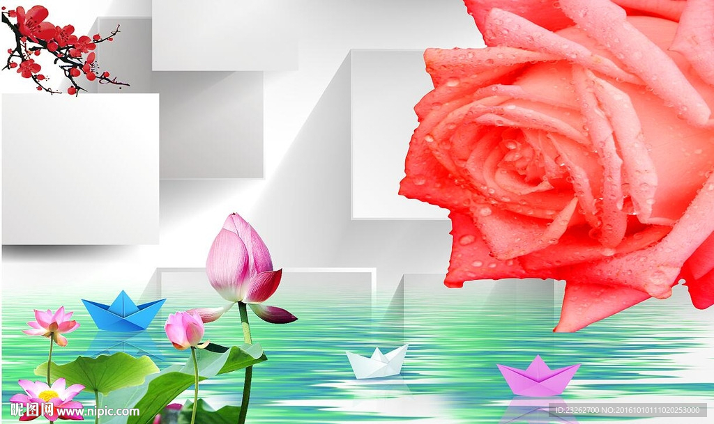 简约荷花玫瑰背景墙装饰画