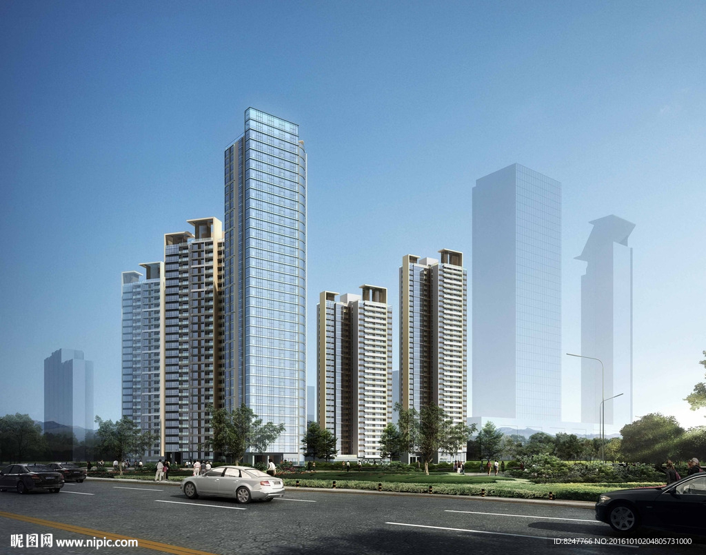 住宅区白天人视建筑效果图