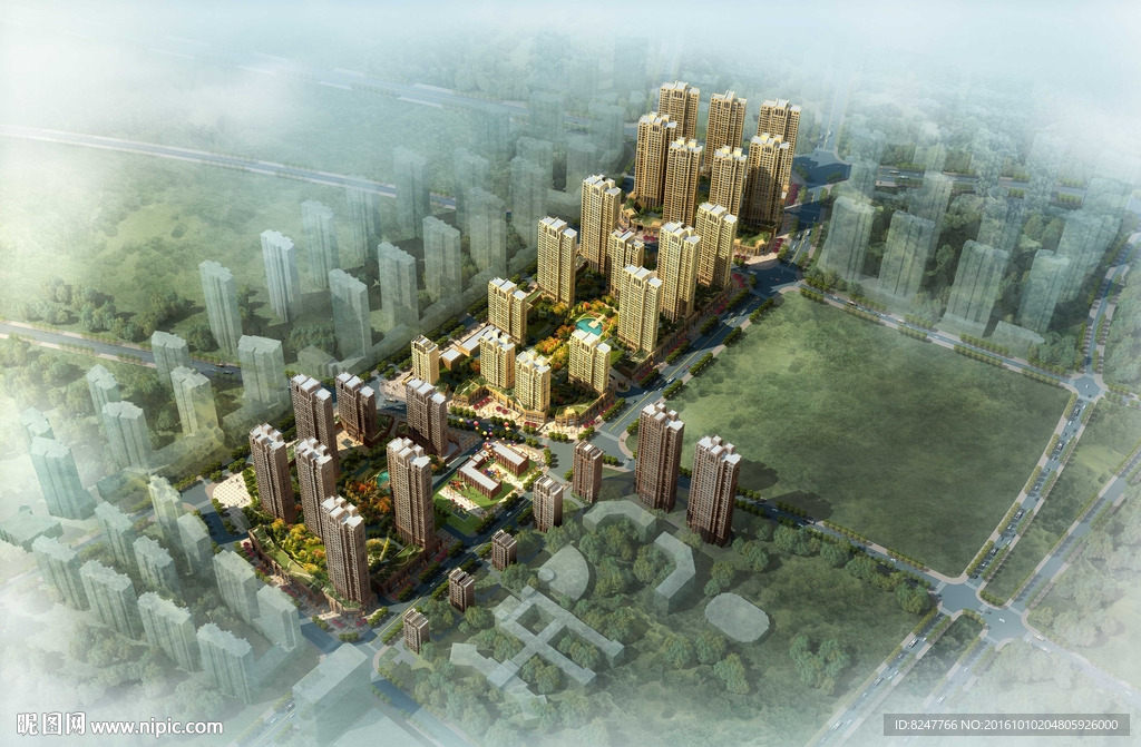 住宅区白天鸟瞰建筑效果图