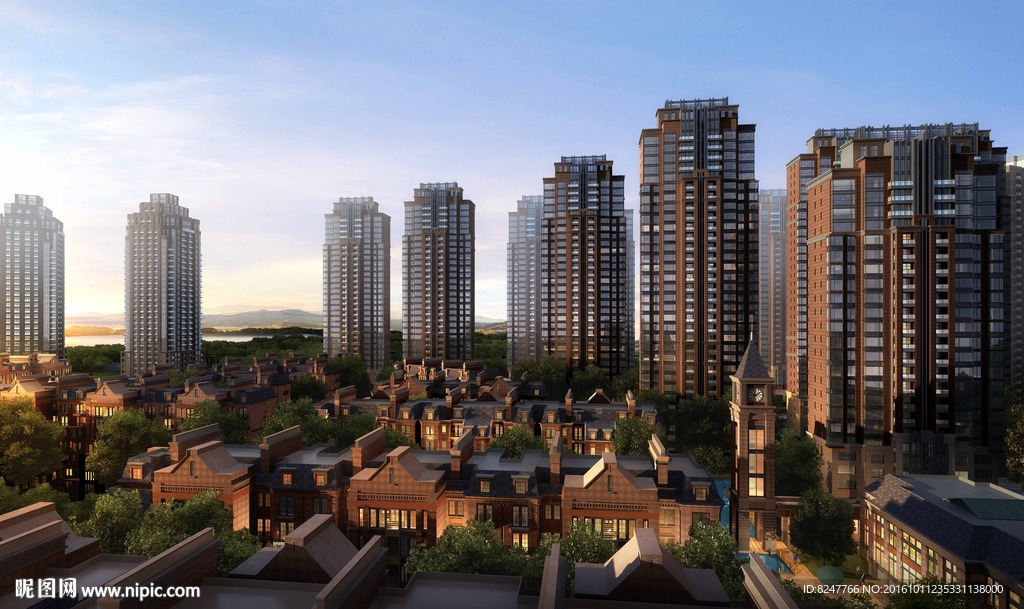 别墅住宅区黄昏鸟瞰建筑效果图