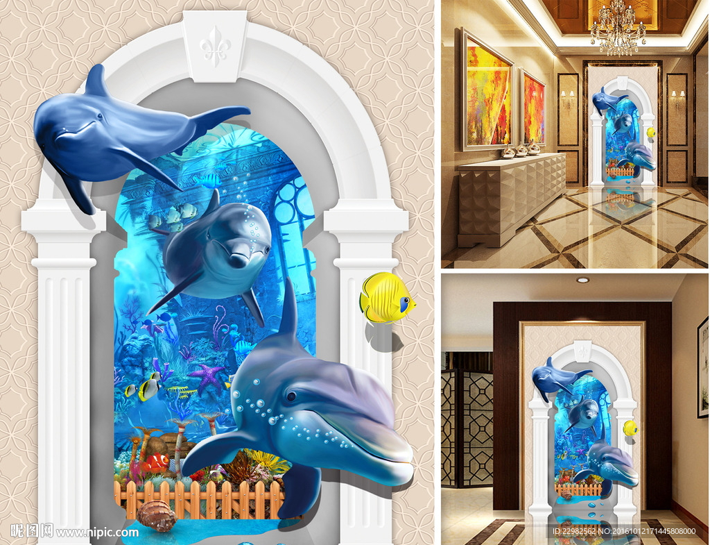 海底世界海豚3D玄关过道背景墙