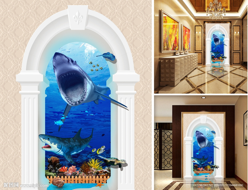 海底世界鲨鱼3D玄关过道背景墙