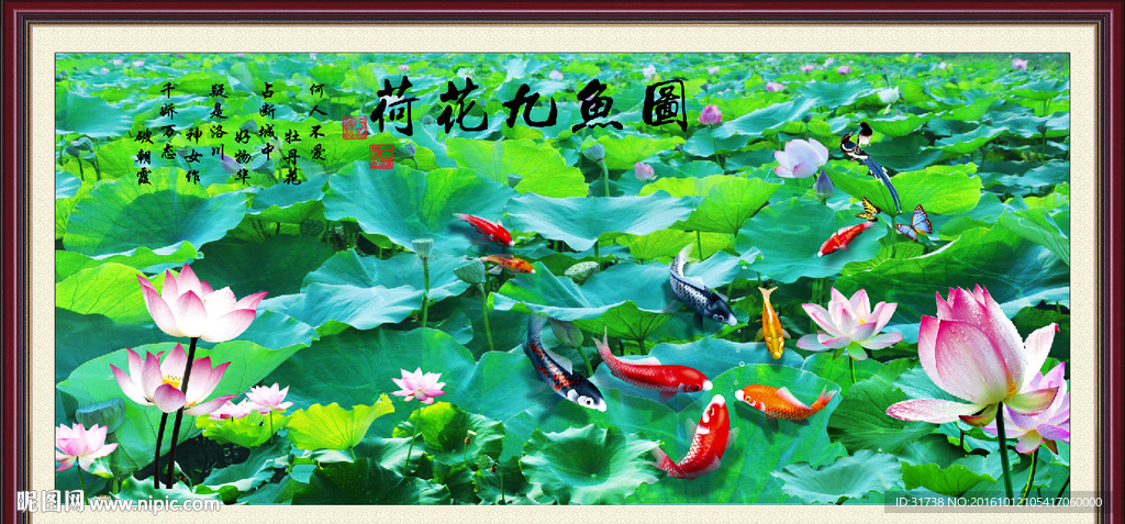 荷花九鱼图