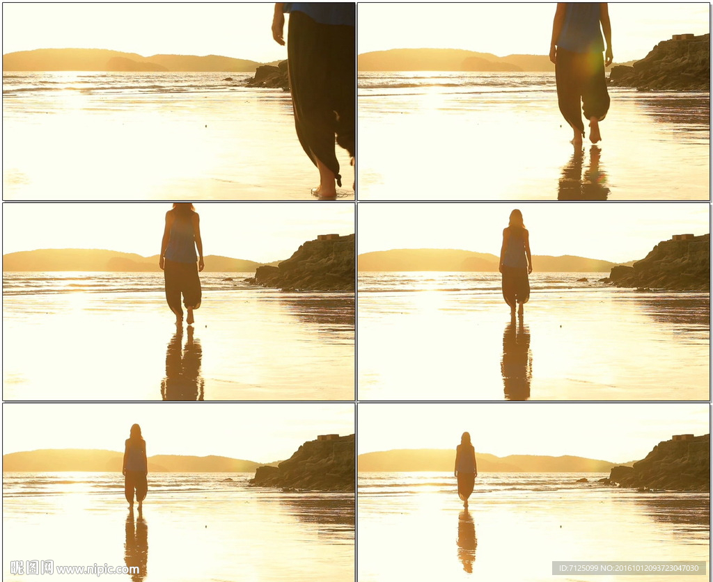 美女走向日落海洋
