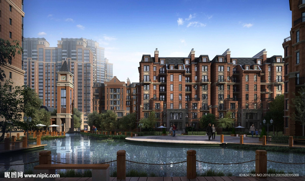 精致住宅区内庭水池建筑效果图