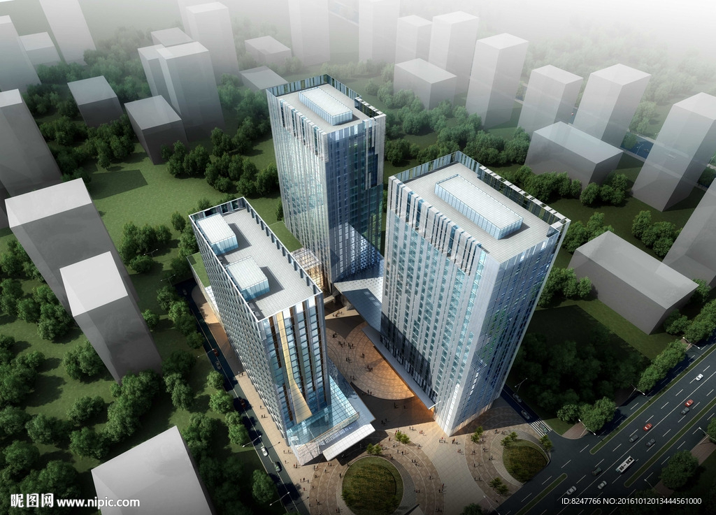 高档商务中心鸟瞰建筑效果图