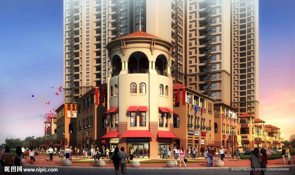 商务广场大门黄昏建筑效果图