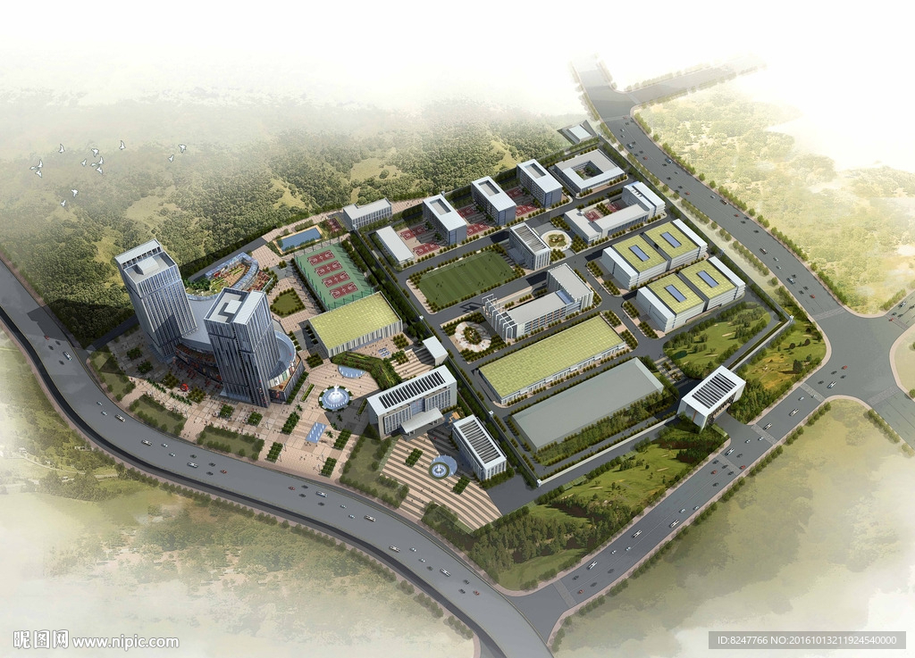 现代工厂鸟瞰建筑效果图