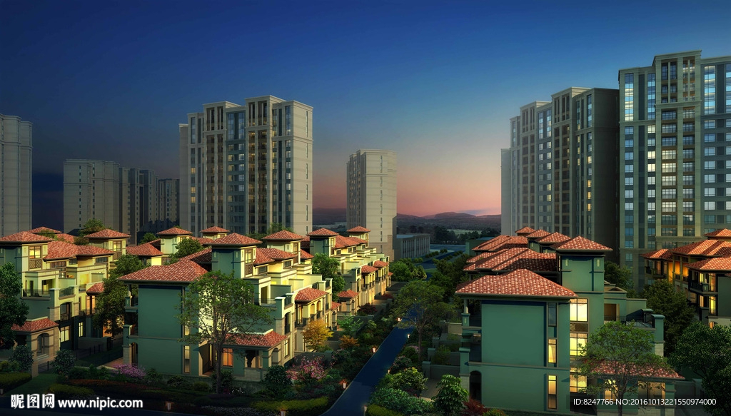 别墅住宅区夜景鸟瞰建筑效果图