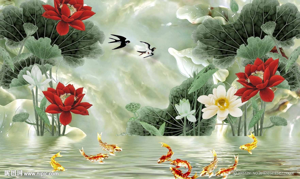 3d荷花电视背景墙