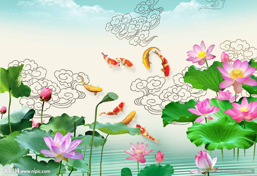 3d荷花鲤鱼背景墙