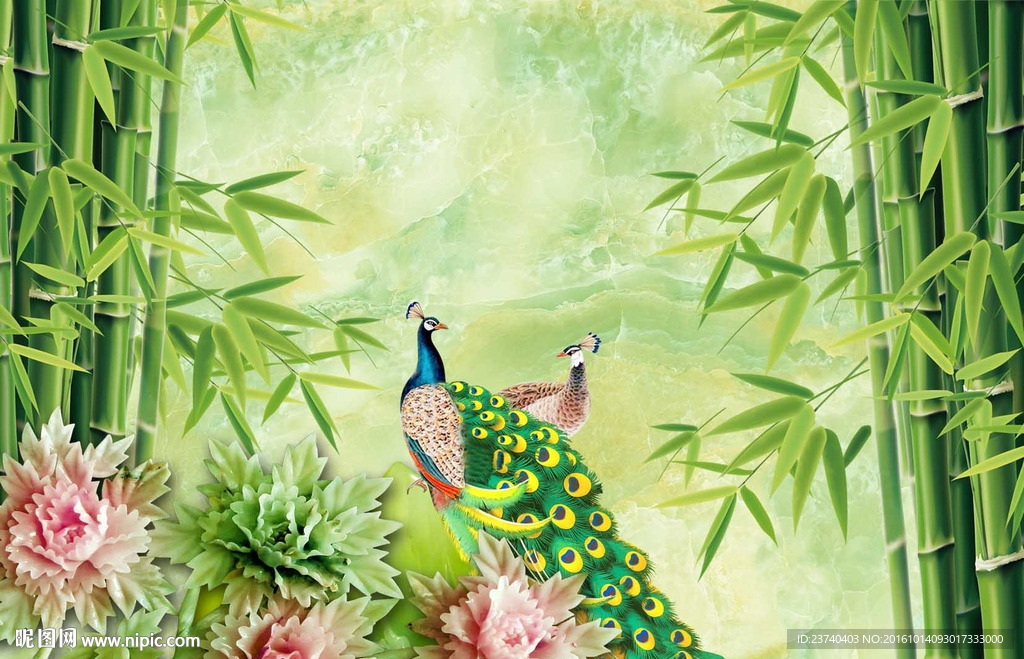 竹子背景墙孔雀