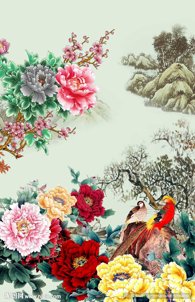 牡丹玄关背景墙