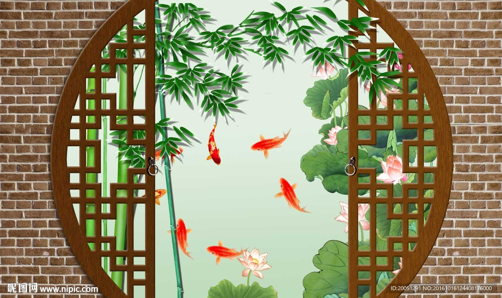 中式背景墙 荷花竹子