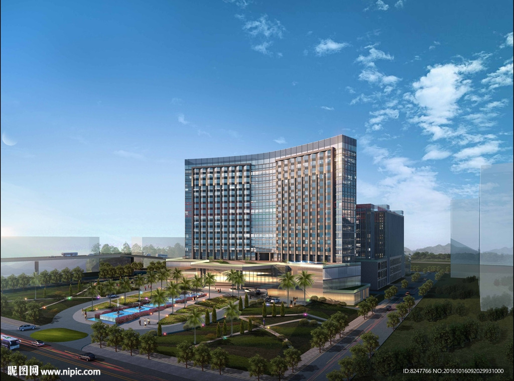 五星级酒店黄昏建筑效果图
