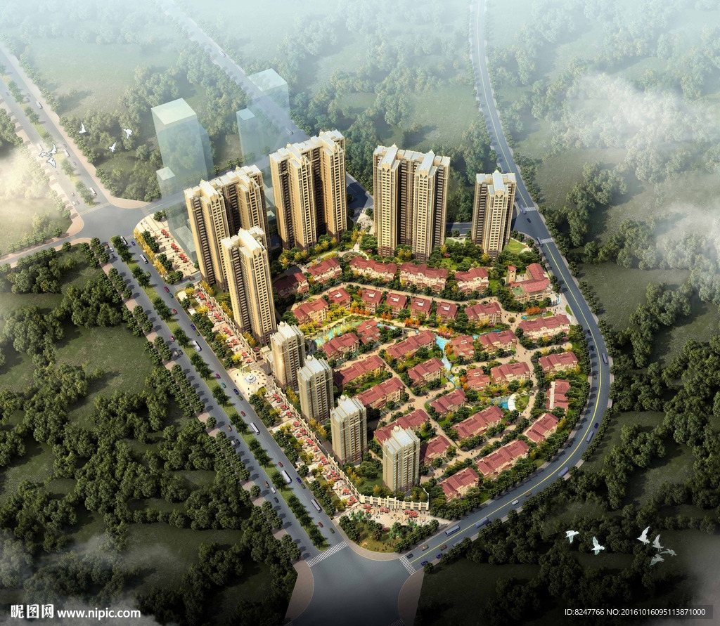 别墅高层住宅区鸟瞰建筑效果图