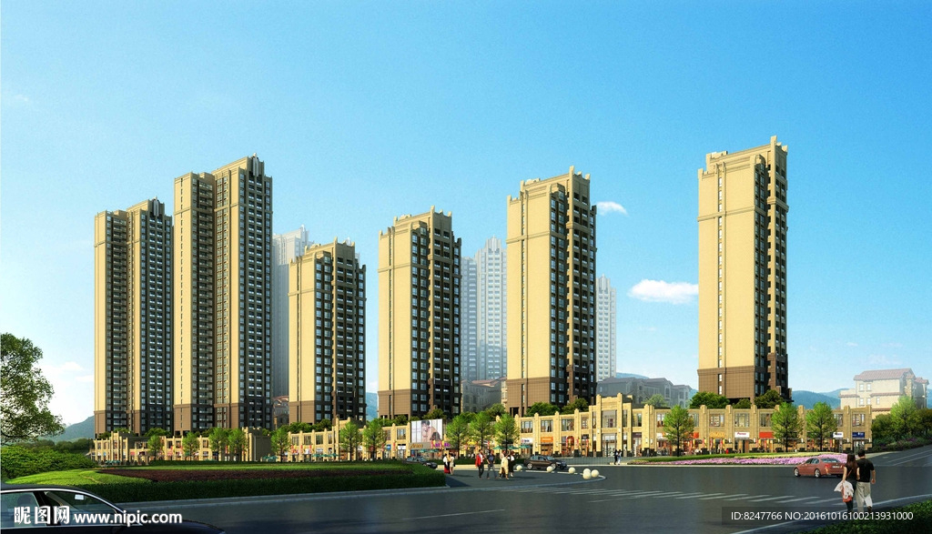 商业街高层住宅区建筑效果图