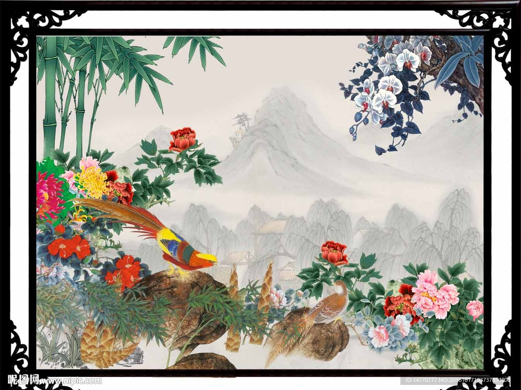 竹子牡丹花鸟图