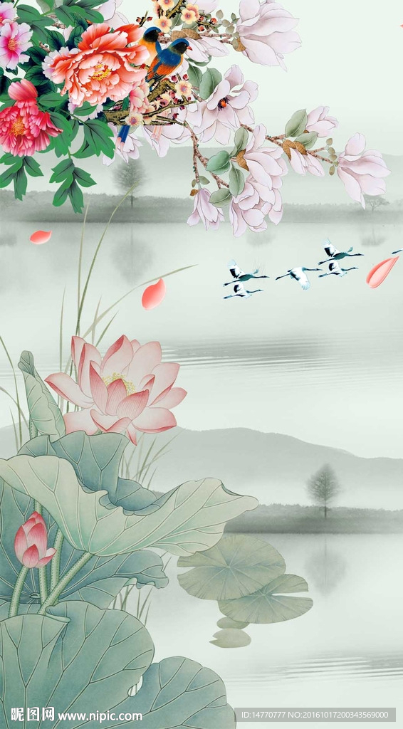 荷花花鸟图