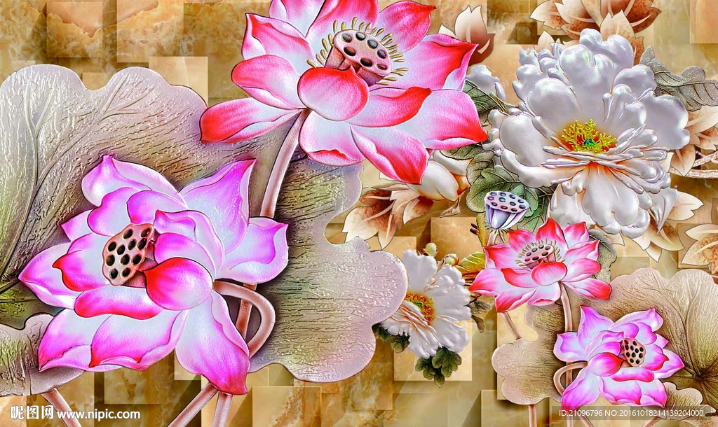 彩雕荷花背景墙