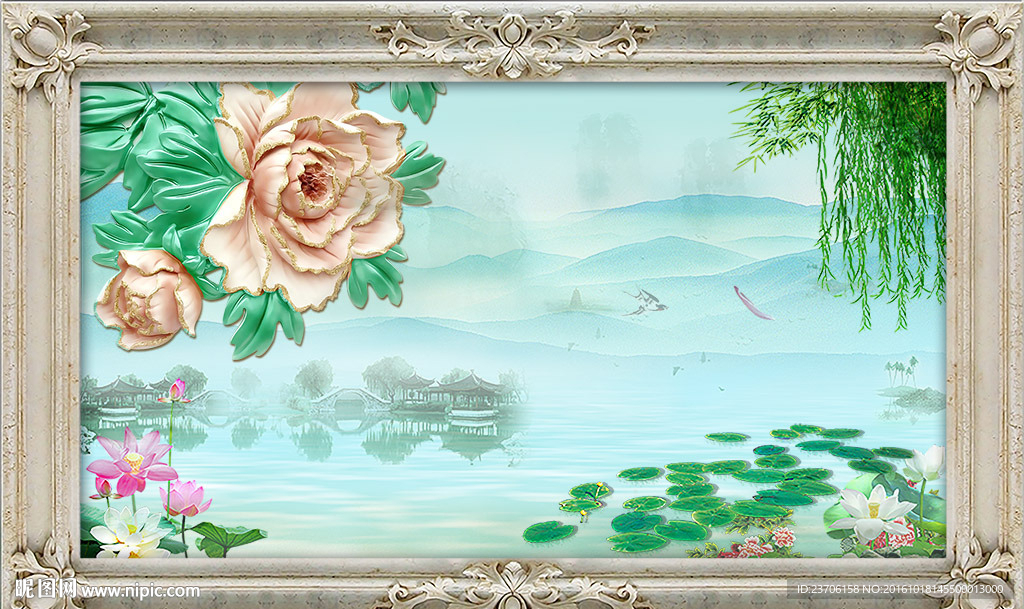 牡丹山水背景墙