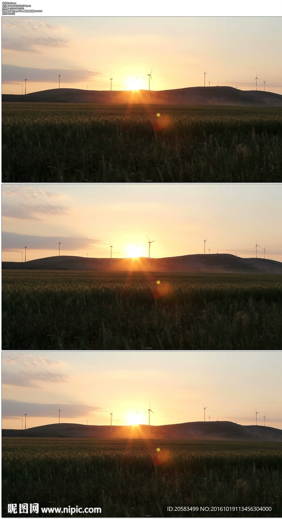 夕阳草原山坡风车转动