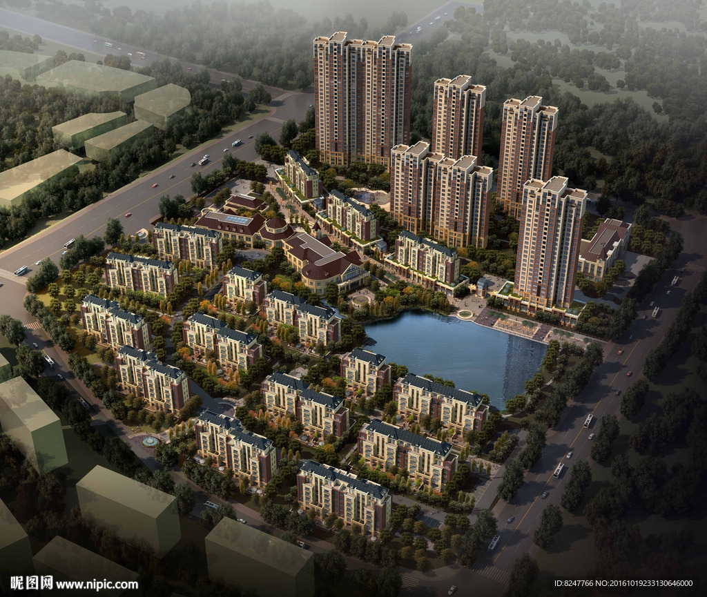 花园别墅住宅鸟瞰建筑效果图