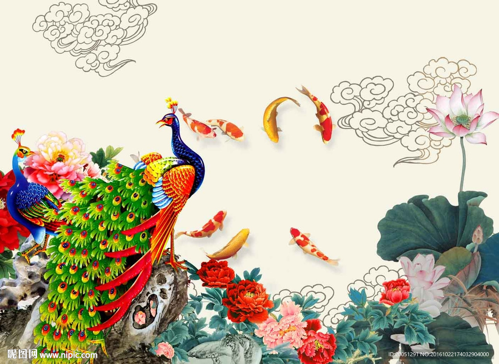 电视背景墙 孔雀