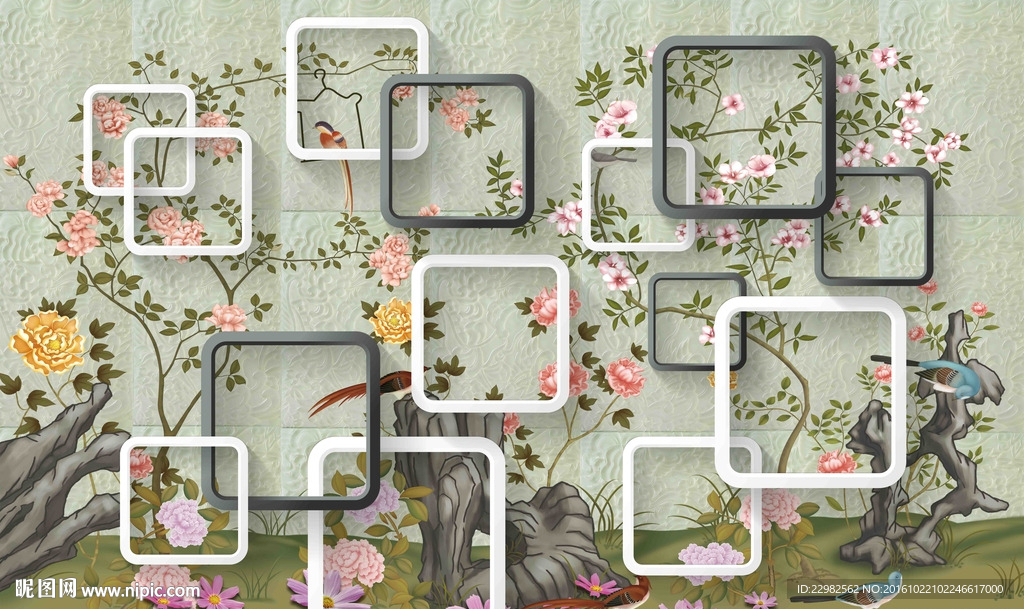 高清大型壁画手绘花鸟