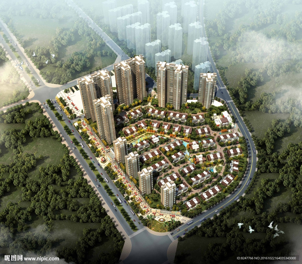 花园别墅区鸟瞰建筑效果图
