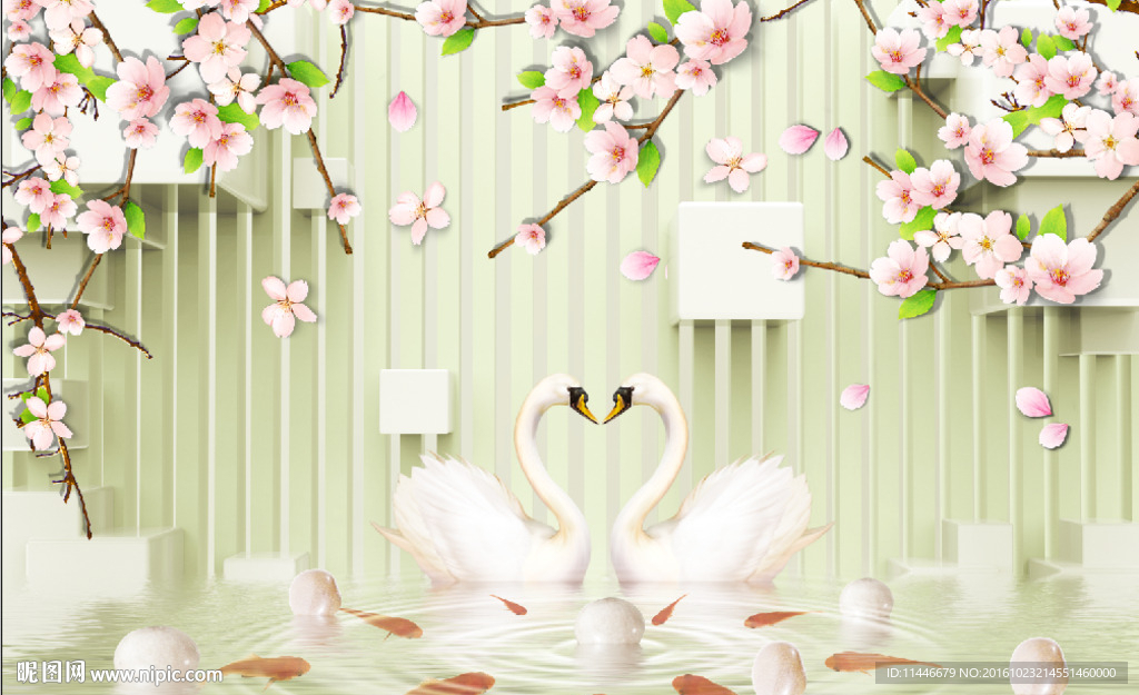 3D樱花天鹅背景墙