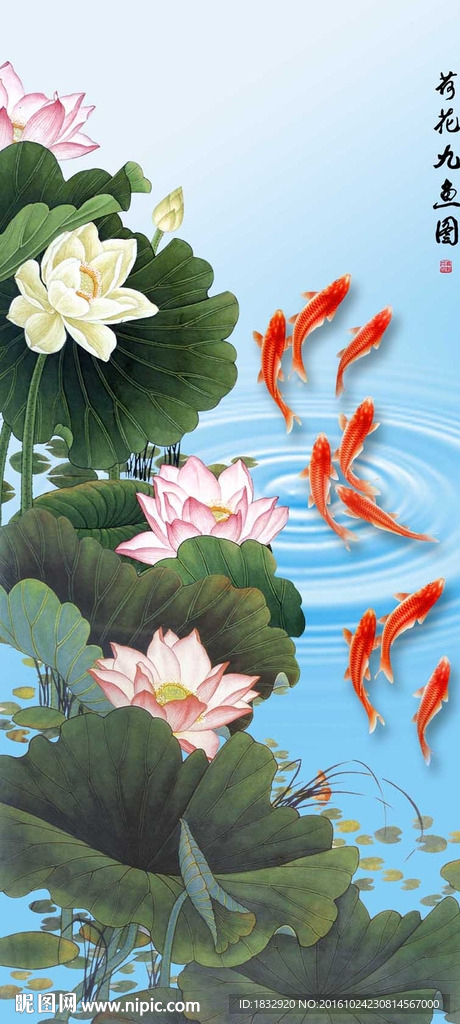 九鱼荷花图