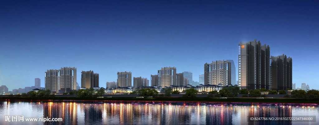 江边别墅群夜景建筑效果图