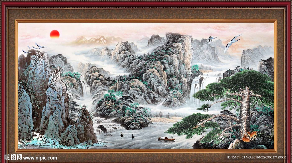 山水国画迎客松
