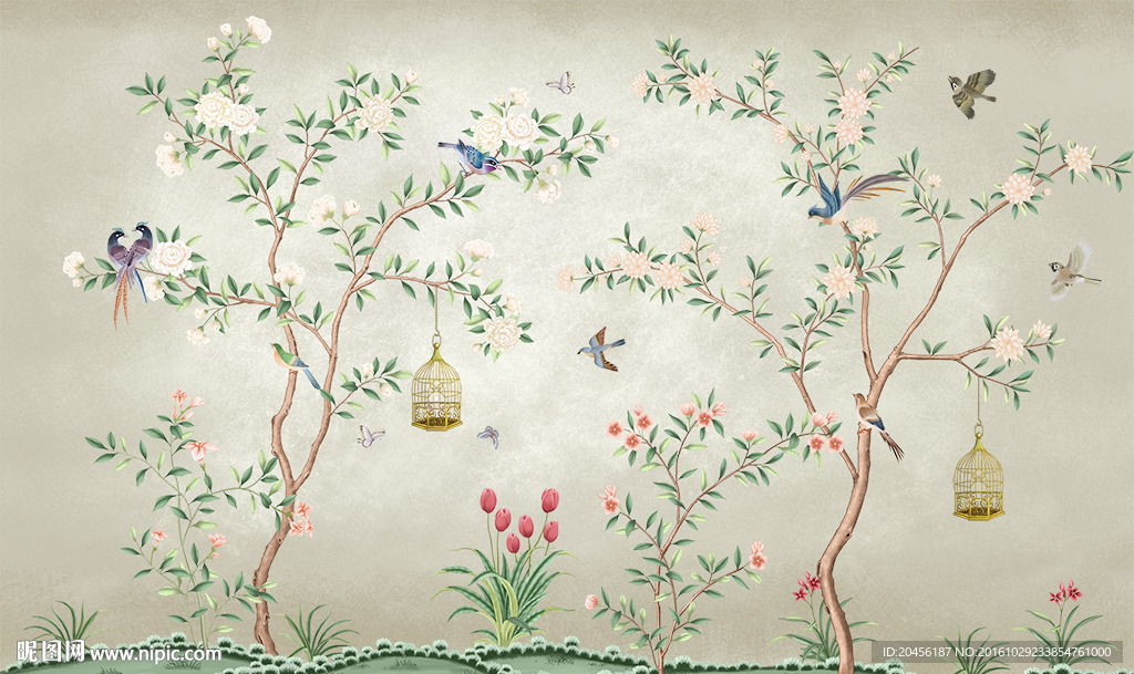 工笔花鸟背景墙（分层）