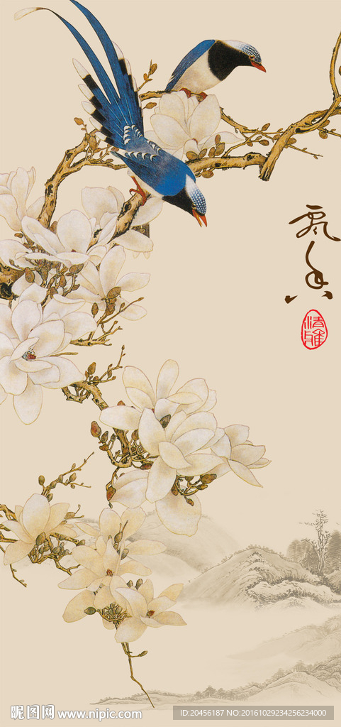 山水复古花鸟背景墙（分层）