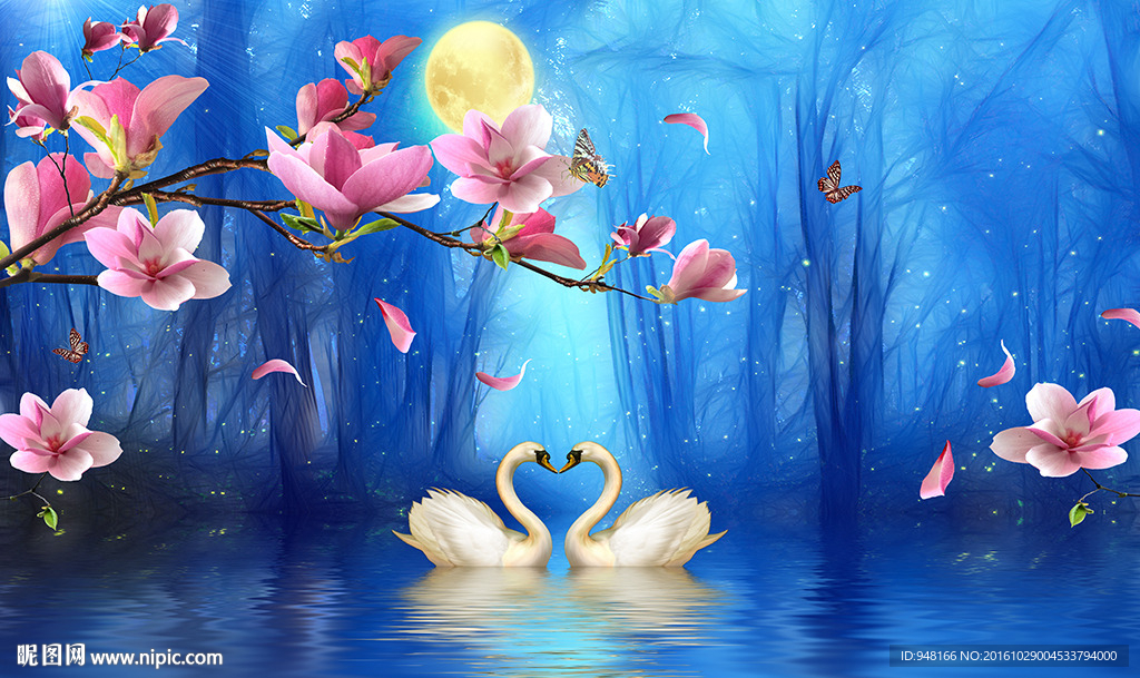 蓝色梦幻桃花天鹅背景墙