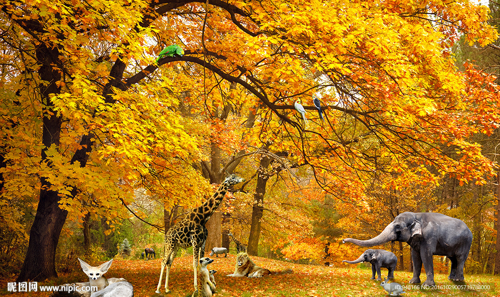 秋色动物风景背景墙