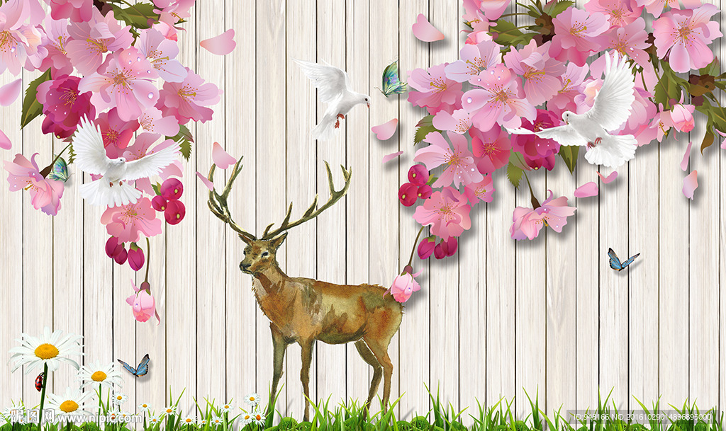 欧式花卉木板麋鹿背景墙