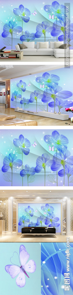 现代简约蓝色花朵电视背景墙