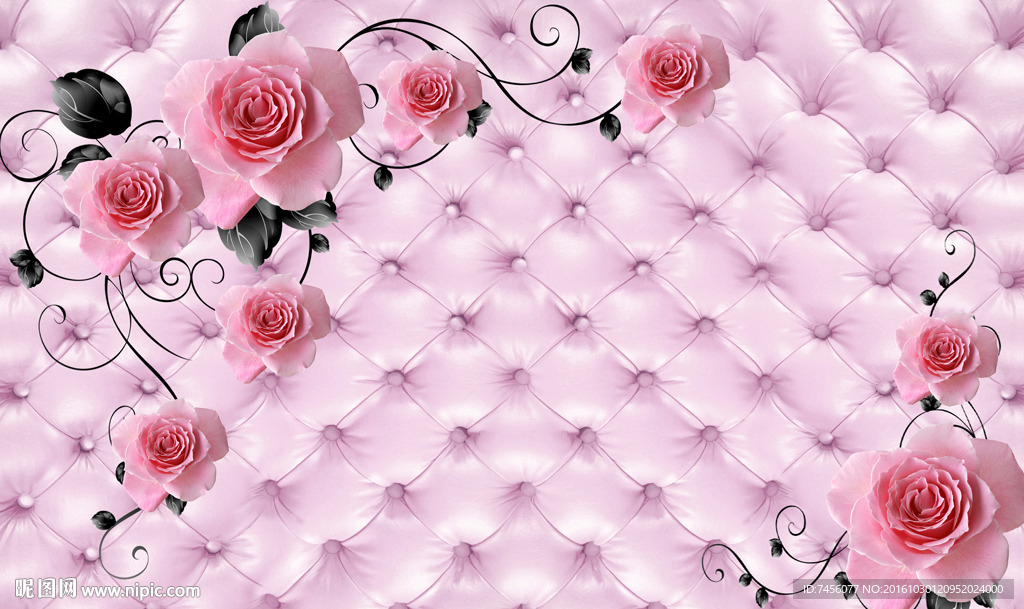 淡雅唯美粉色玫瑰花软包背景墙