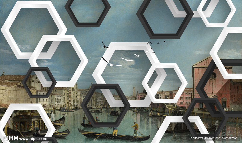 油画水上城市立体六边形背景墙