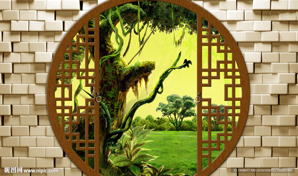 窗外树荫绿色小清新背景墙