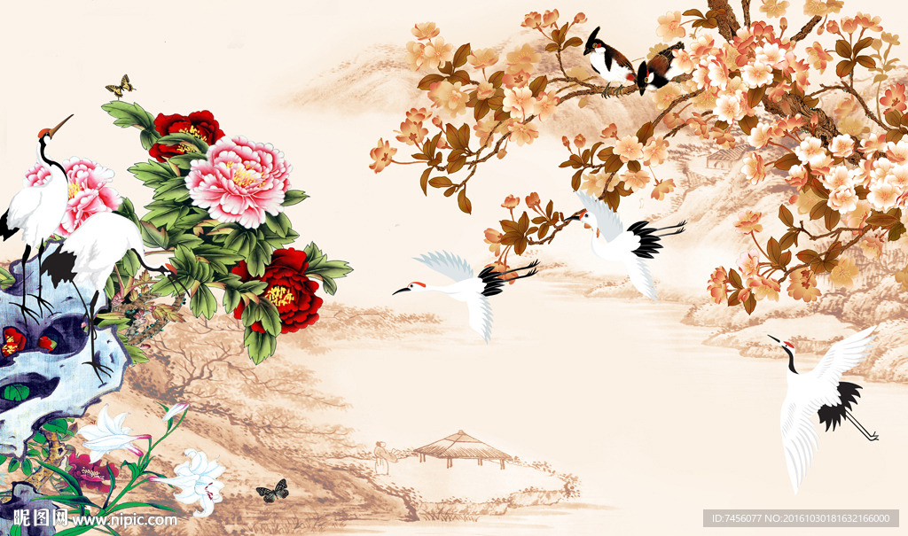 花鸟仙鹤中式背景墙