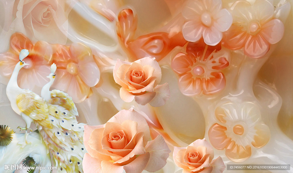 玉雕孔雀牡丹花玉石背景墙