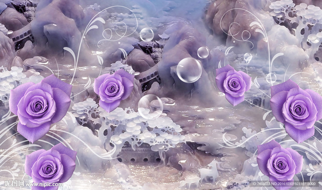 紫色玫瑰花玉石立体背景墙
